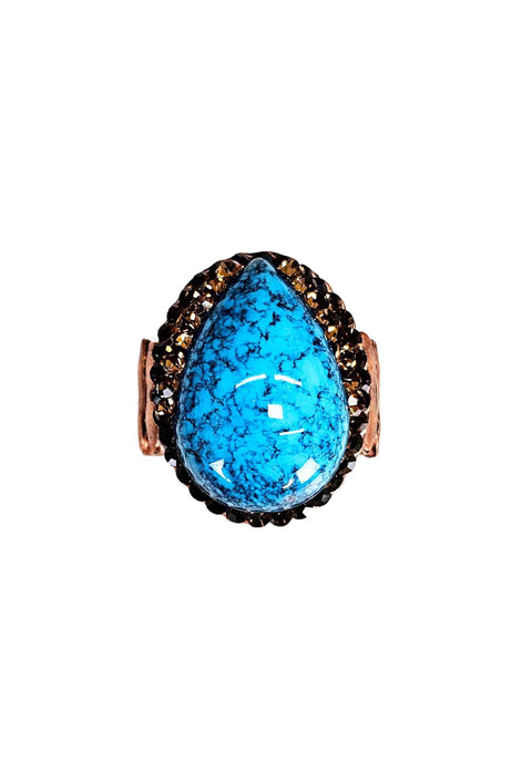 Anel Vibra com gota azul e pedras smoked banhado no vintage