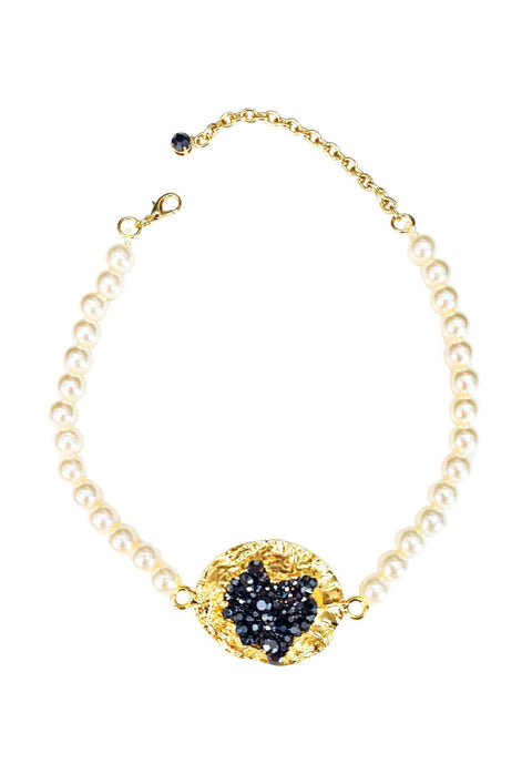Colar Supreme com perolas e strass hematite banhado no dourado