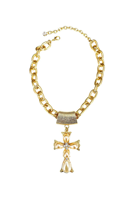 Colar Ester Gold com crucifixo de perolas e elos dourados