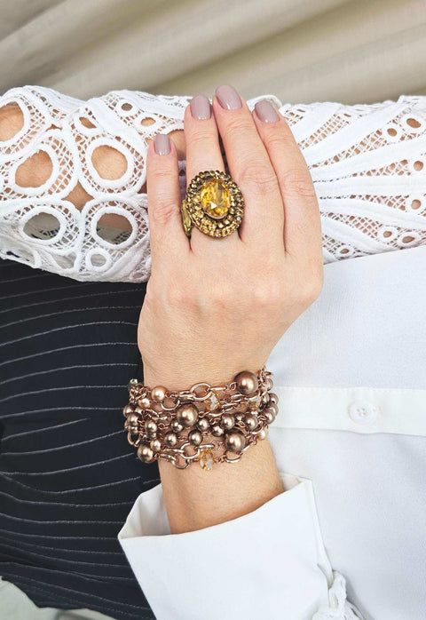 Pulseira Momentos mocha de correntaria vintage com pedras marrons