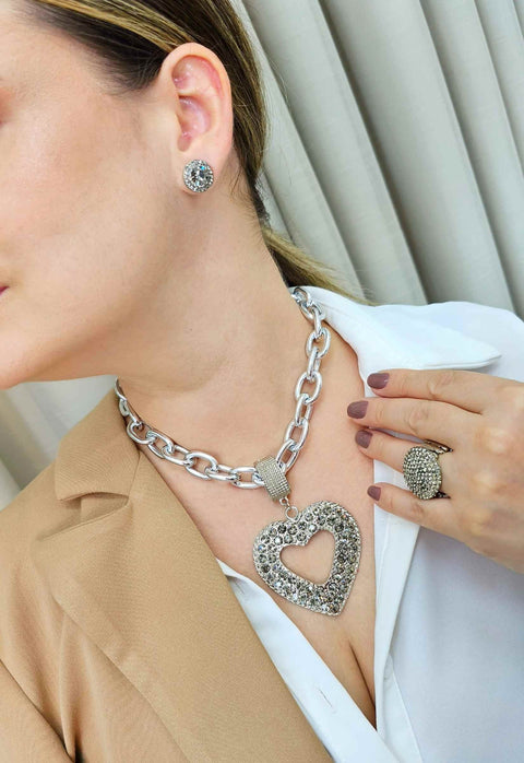 Colar Isla silver de coração prata com pedras black diamond