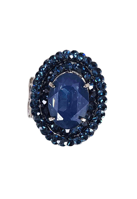 Anel Carmine Glam oval de pedras azuis banhado no onix