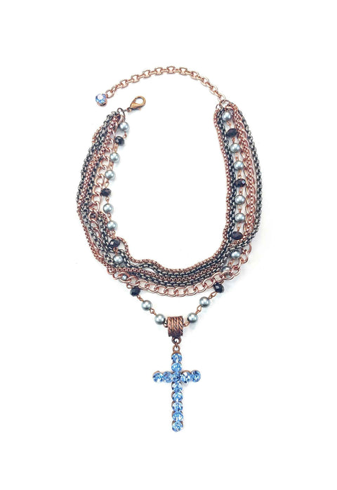 Colar Hanna com mix de correntes e crucifixo azul