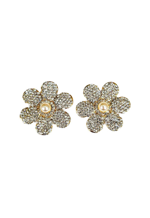 Brinco de flor Bahamas com strass cristal e perola banhado no dourado