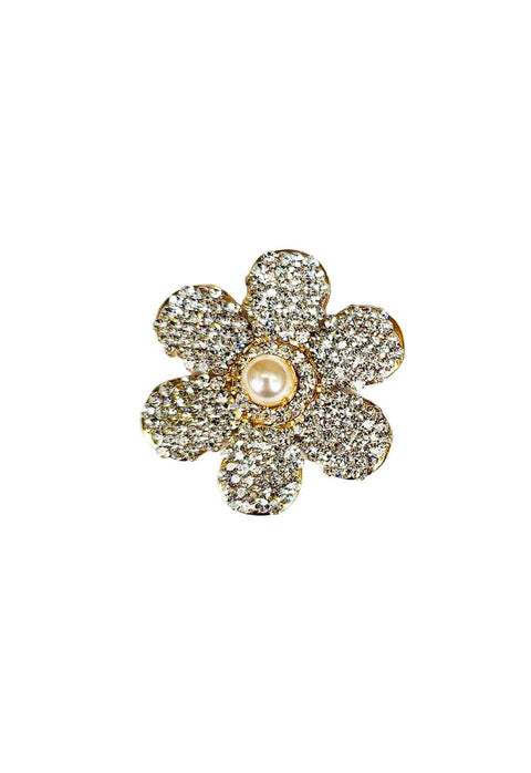 Anel de flor Bahamas com strass cristal e perola banhado no dourado