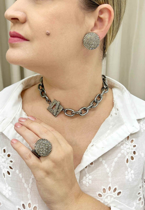 Choker Rana black diamond de elos onix e pingente geométrico