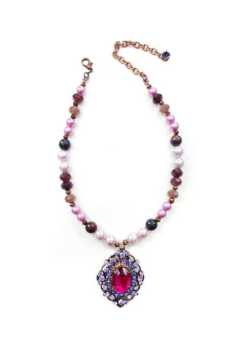 Colar Camarote de bolas lilas e pingente luxo com pink