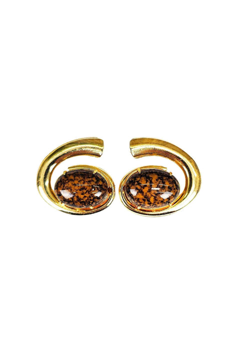 Brinco Única de metal com pedra oval marrom banhado no dourado