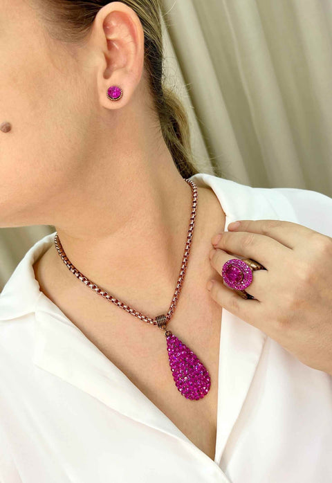 Colar Alure de gota fucsia banhado no vintage