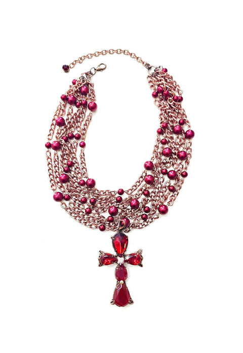 Maxi Colar Celebridade com perolas vermelhas e crucifixo vintage