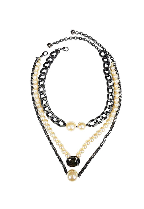 Colar Doha de perolas com pedra black diamond e mix de correntes em onix