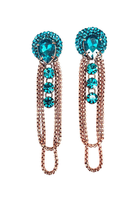 Brinco Celina com pedras blue zircon e correntes venezianas vintage