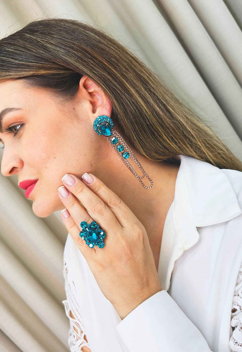 Brinco Celina com pedras blue zircon e correntes venezianas vintage
