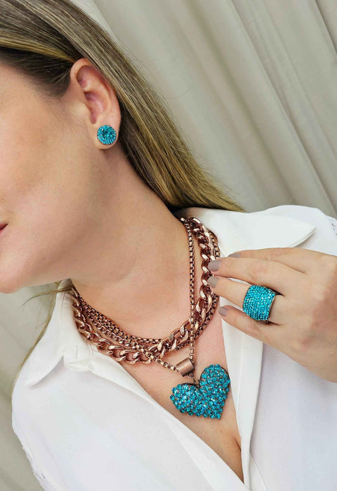 Maxi Colar Valentina blue zircon com com pingente de coração banhado no vintage