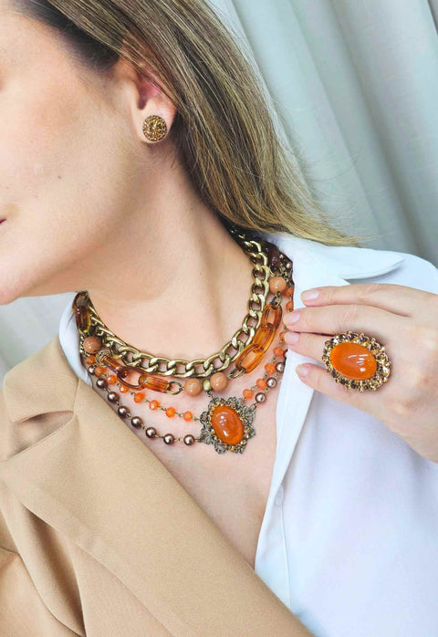 Colar Dolce vita vintage com pedras marrons e elos ouro velho