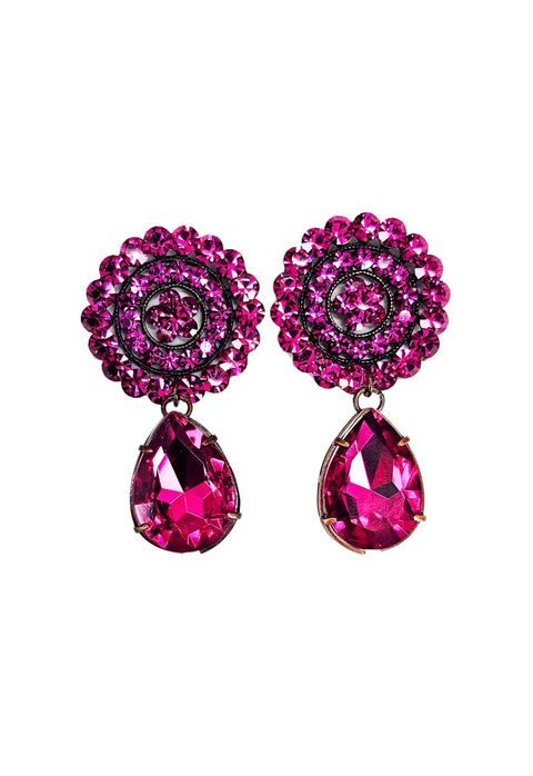 Brinco Amara redondo com gota fucsia banhado no vintage
