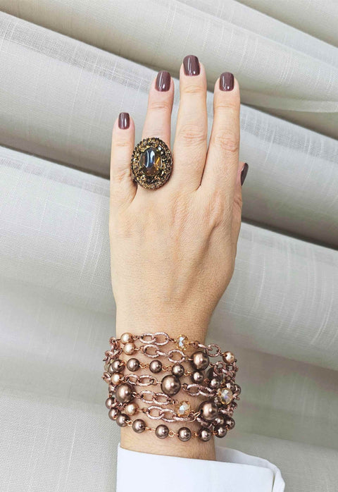 Anel Momentos mocha com pedras marrons banhado no vintage