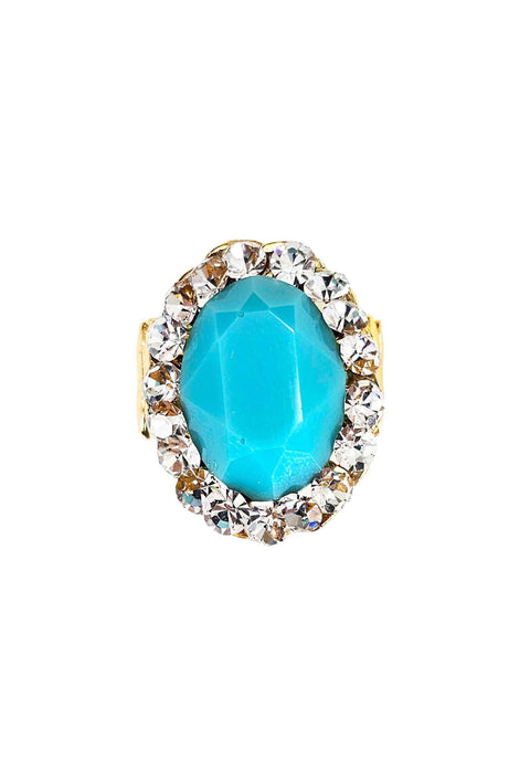 Anel Julieta dourado com pedra oval azul e strass cristal