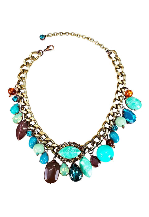 Colar Mocha blue com pedras azuis e marrons banhado no ouro velho