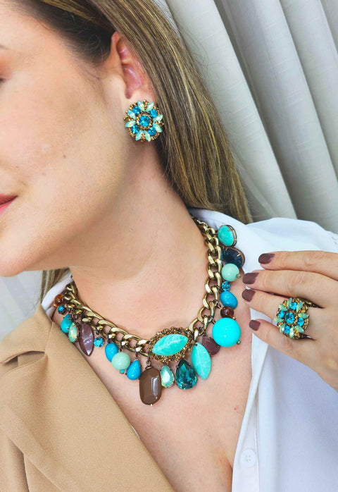 Colar Mocha blue com pedras azuis e marrons banhado no ouro velho