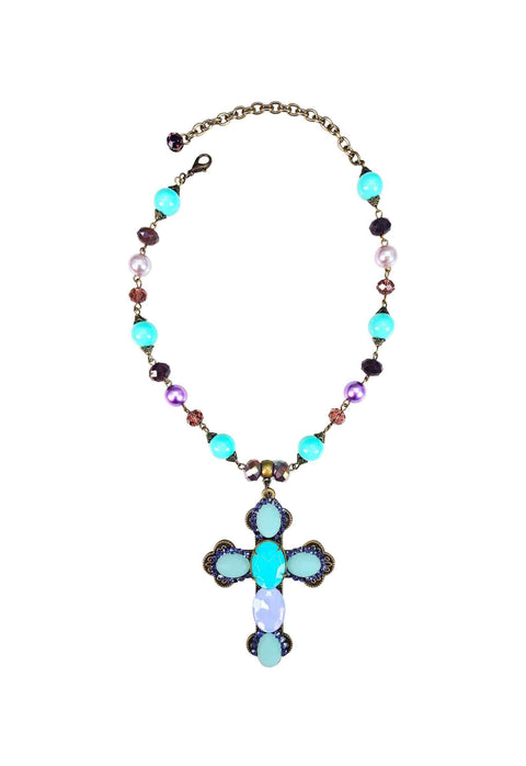 Crucifixo Maristela ouro velho com pedras turquesas e violeta
