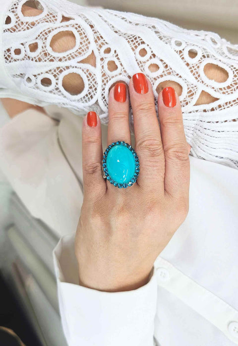 Anel Solene blue com pedras azuis banhado no prata