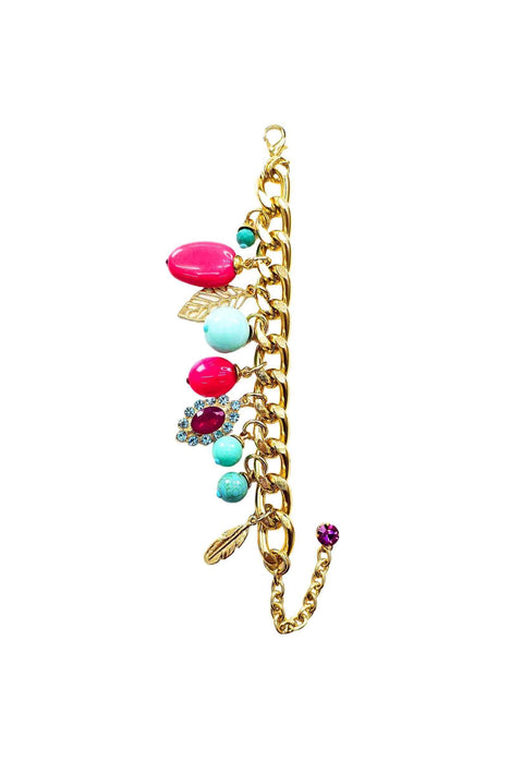 Pulseira Babalu com pingetnes rosa e azul banhado no dourado