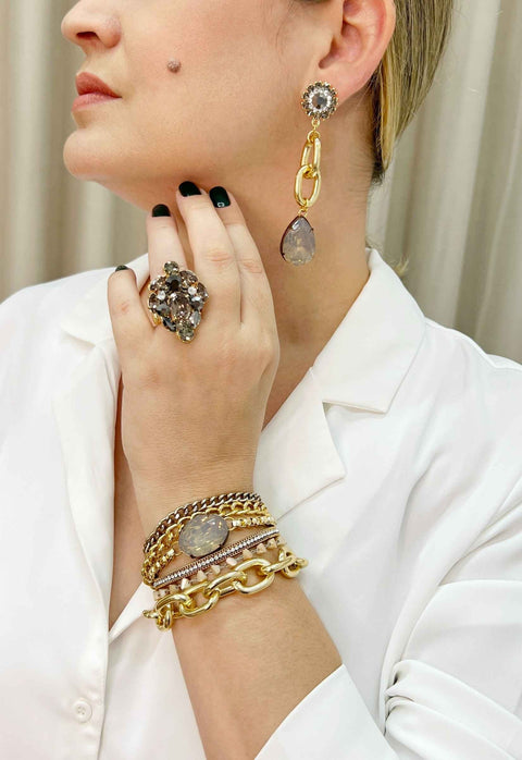 Pulseira Emma glam de elos dourados courinho e pedra opal
