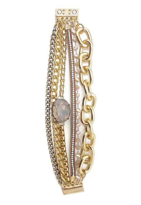 Pulseira Emma glam de elos dourados courinho e pedra opal
