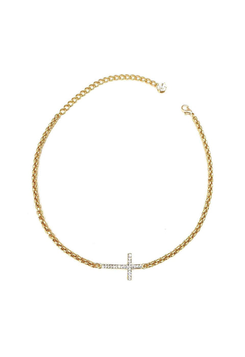 Colar choker Pierre Gold de crucifixo com pedras cristal banhado no dourado