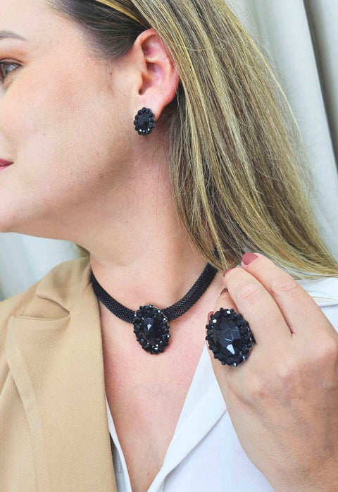 Choker Aurélia Jet com pedra oval preta e Strass Jet
