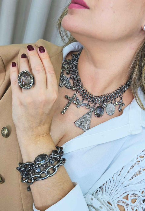 Pulseira Lumier com correntes e pedras grafites