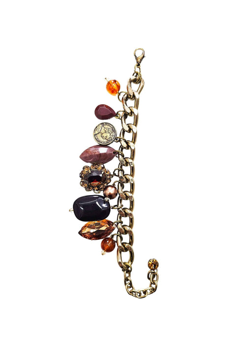 Pulseira Driade glam ouro velho com pingentes e pedras marrom