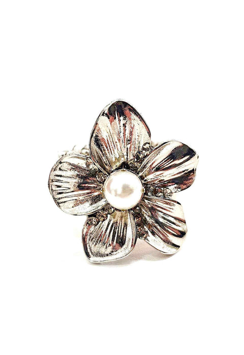 Anel Samia Silver de flor com strass black diamond e pérola