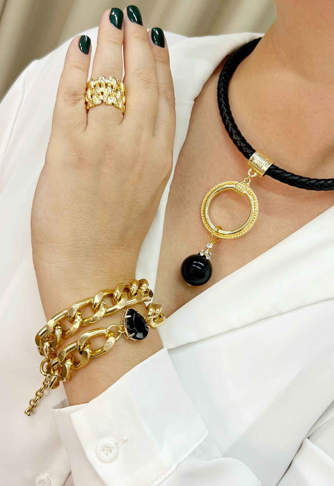 Pulseira Vicenza de elos dourado com pedra preta