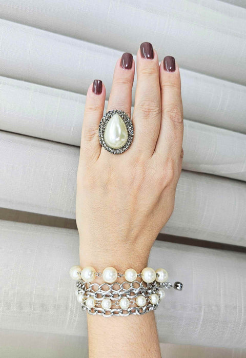 Anel Contemporâneo prata com pedras black diamond e perola