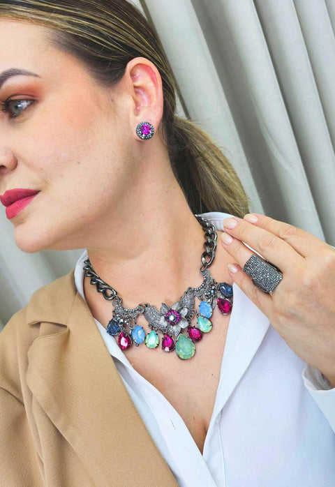 Maxi colar Zenite com pedras coloridas banhado no onix