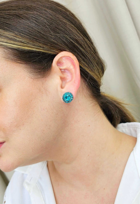 Brinco Vick fulgor com strass blue zircon banhado no grafite
