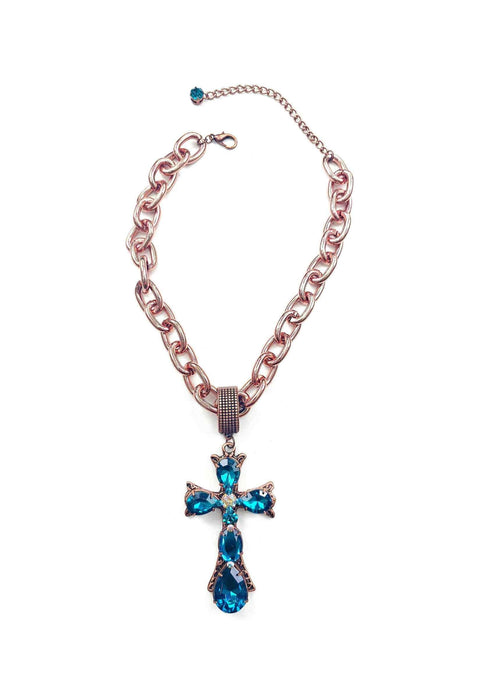 Colar Ester com pingente de crucifixo blue zircon
