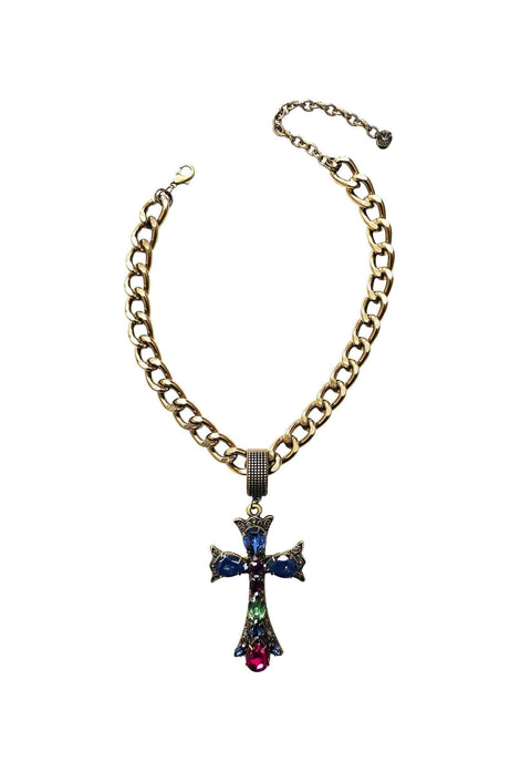 Colar Ester com pingente de crucifixo candy colors banhado no ouro velho