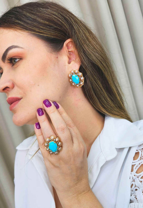 Brinco Donatela luxuoso com pedra azul e black diamond banhado no dourado