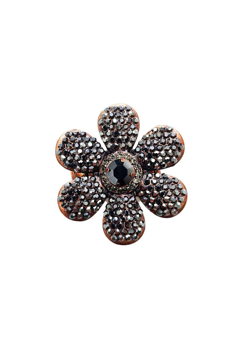 Anel Avelina de flor com strass hematite banhado no vintage