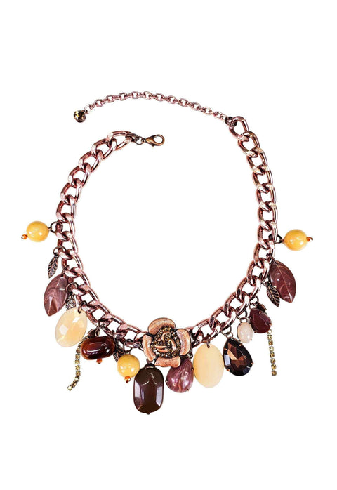 Colar Primavera eterna com pingente de flor e pedras marrom banhado no vintage