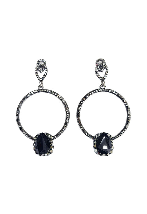 Brinco Diana de argola com pedras hematite banhado no grafite