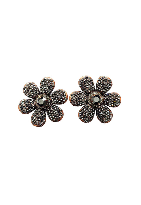 Brinco Avelina de flor com strass hematite banhado no vintage