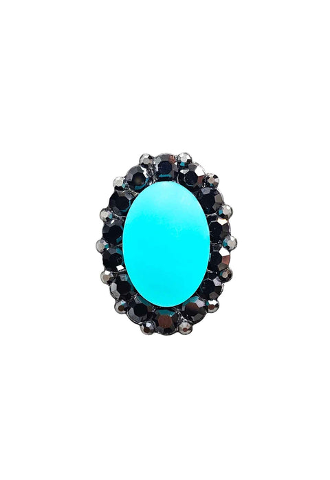 Anel Conexão oval com pedra azul e hematite banhado no grafite