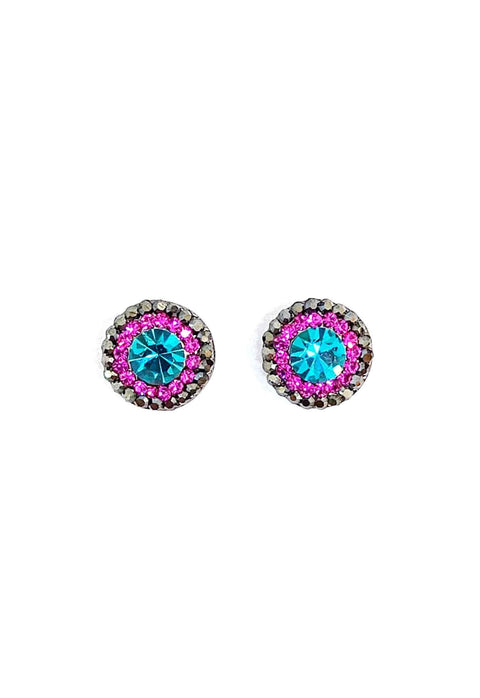 Brinco Prestigio pequeno com pedras fucsias hematite e blue zircon