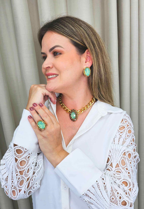 Anel Aurélia oval com pedra menta e smoked Topaz