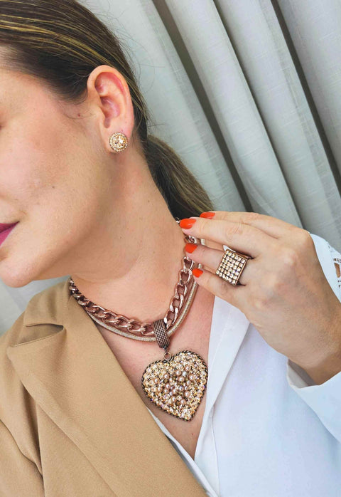 Colar Casablanca com pingente de coração light peach e cordão e corrente vintage