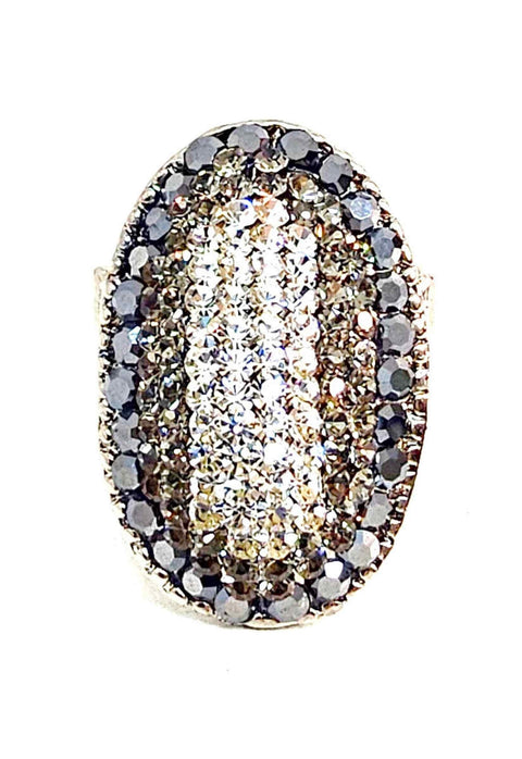 Anel impacto Silver oval com pedras grafites e cristais